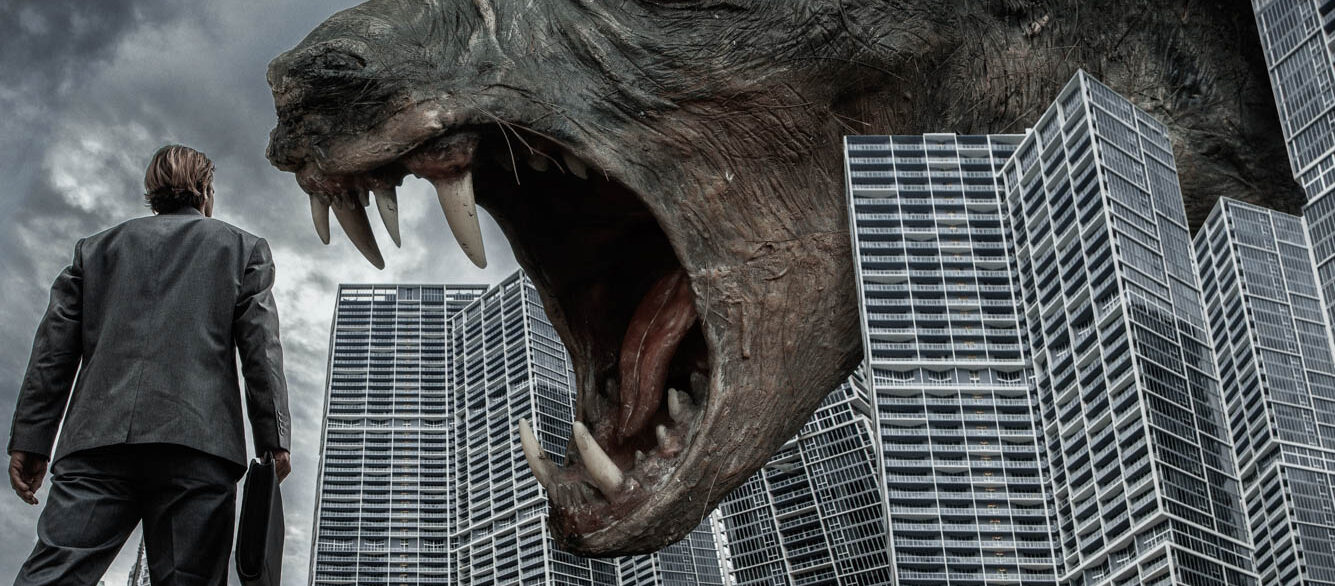 Caucasian businessman watching monster rat in city Businessman watching monster rat in city