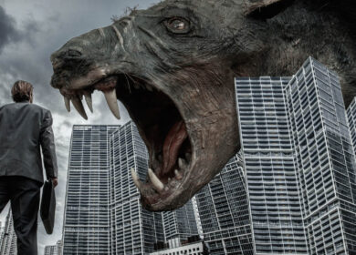 Caucasian businessman watching monster rat in city Businessman watching monster rat in city
