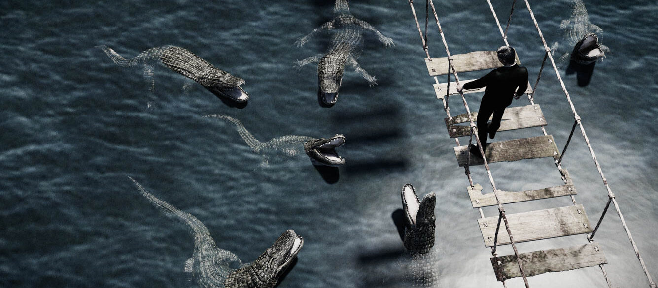 Business man crossing dangerous rope bridge looking down at alligators in water below Business man crossing dangerous rope bridge looking down at alligators in water below