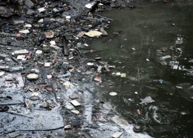 Plastic bottles and other trash on river Plastic bottles and other trash on river