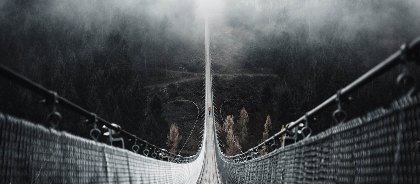 Man in the middle of large bridge over ravine Man in the middle of large bridge over ravine