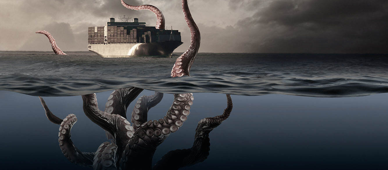 Octopus tentacles attacking container ship Octopus tentacles attacking container ship