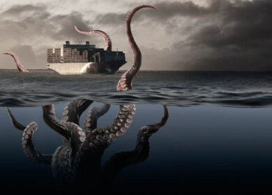 Octopus tentacles attacking container ship Octopus tentacles attacking container ship