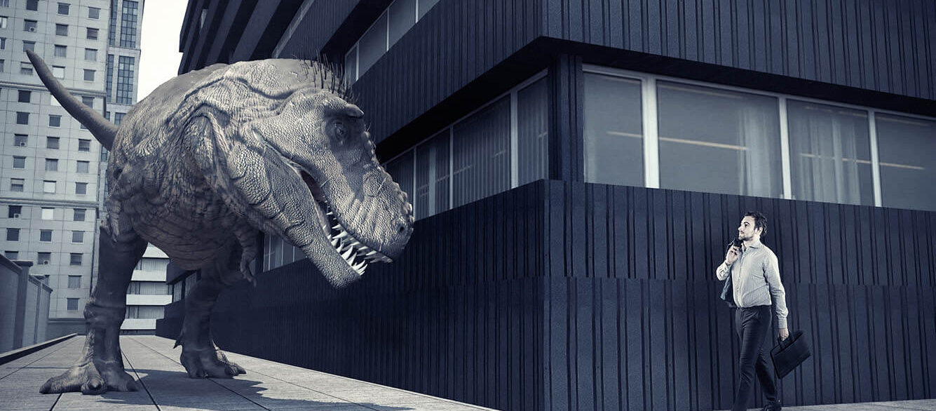 Tyrannosaurus Rex and businessman on collision course in urban sidewalk Tyrannosaurus Rex and businessman on collision course in urban sidewalk