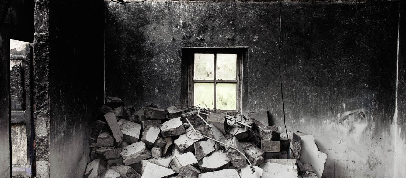 The conflagration, house after fire at Ballycastle, County Mayo, Ireland