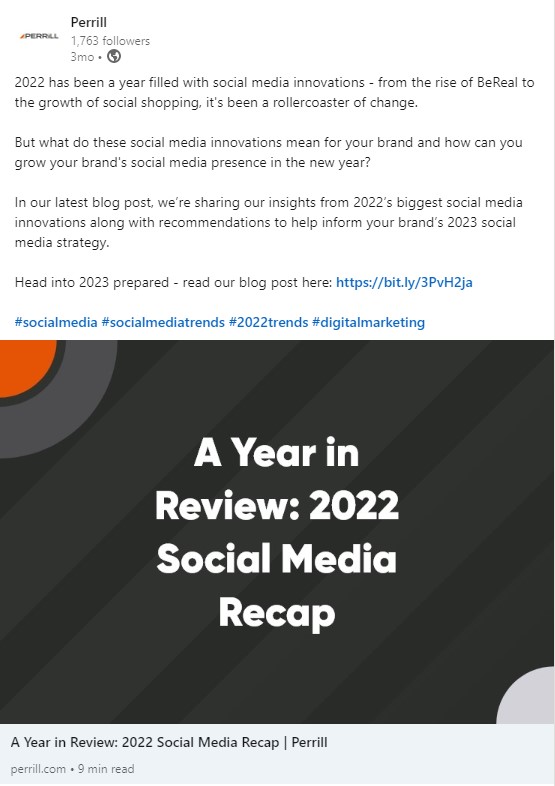 Perrill LinkedIn post with hashtags at the end
