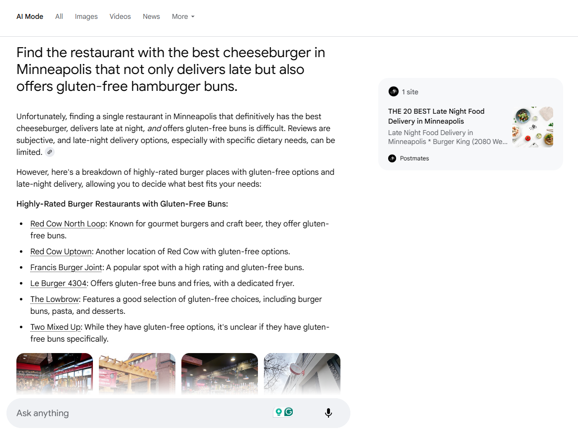 AI Mode cheeseburger question