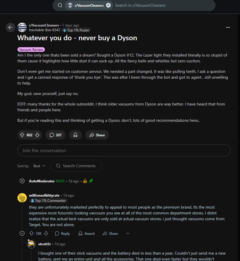 subreddit thread - dyson vacuum review